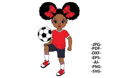 Black Girl Soccer Player SVG Cute Afro Puffs Red Jersey Clipart African American Sports Design for Cricut T Shirts PNG PDF DXF EPS AI JPG SVG 1uniqueminute 