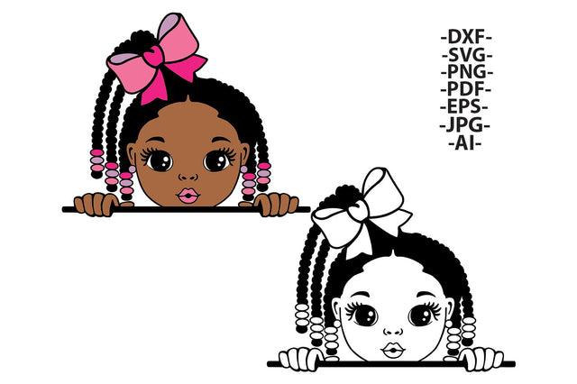Black Girl SVG Bundle with Braids and Bow | Peekaboo Afro Girl Clipart in Color and Outline Version, PNG for Cricut, Sublimation, DXF File SVG 1uniqueminute 