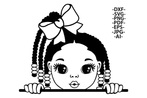 Black Girl SVG Peeking Design with Beads and Big Bow PNG DXF PDF EPS JPG AI Cute Outline Clipart for Cricut Coloring and DIY Crafts SVG 1uniqueminute 
