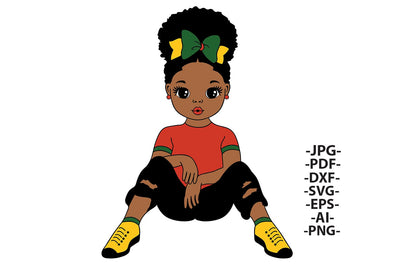 Black Girl SVG Sitting Afro Puff Cute Kids Clipart Red Green Yellow Outfit African American Design for Cricut Sublimation PNG PDF DXF EPS AI SVG 1uniqueminute 