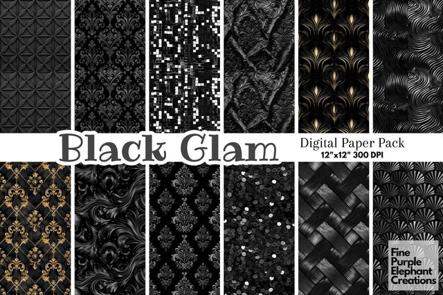 Black Glam Digital Paper | Luxury Glitter Digital Pattern Fine Purple Elephant Creations 