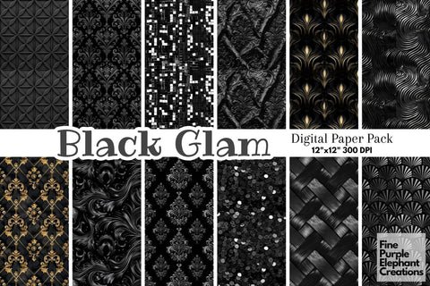 Black Glam Digital Paper | Luxury Glitter Digital Pattern Fine Purple Elephant Creations 