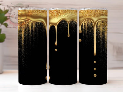 Black Glitter Dripping Gold Glam Tumbler, Black Glitter Wrap, Glam Metallic Design, 20Oz Skinny Tumbler, Gold Sublimation Wrap, Luxe Sparkle Drinkware, Elegant Glitter Tumbler Sublimation Lara' s Designs 