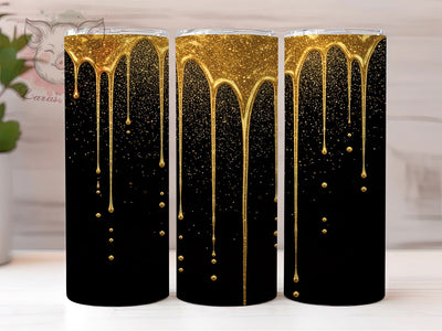 Black Glitter Dripping Gold Glam Tumbler, Black Glitter Wrap, Glam Metallic Design, 20Oz Skinny Tumbler, Gold Sublimation Wrap, Luxe Sparkle Drinkware, Elegant Glitter Tumbler Sublimation Lara' s Designs 