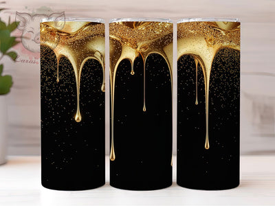 Black Glitter Dripping Gold Glam Tumbler, Black Glitter Wrap, Glam Metallic Design, 20Oz Skinny Tumbler, Gold Sublimation Wrap, Luxe Sparkle Drinkware, Elegant Glitter Tumbler Sublimation Lara' s Designs 