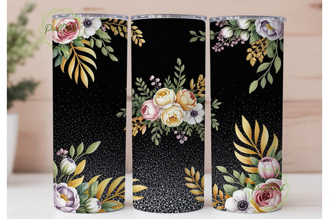 Black Glitter Floral Tumbler Wrap Sublimation PixelChick 