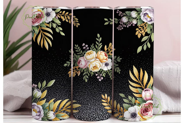Black Glitter Floral Tumbler Wrap Sublimation PixelChick 