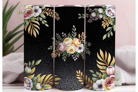 Black Glitter Floral Tumbler Wrap Sublimation PixelChick 