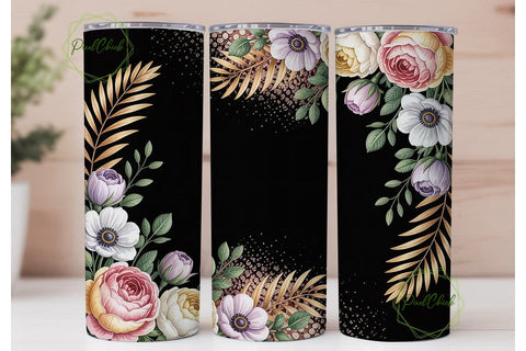 Black Glitter Floral Tumbler Wrap Sublimation PixelChick 