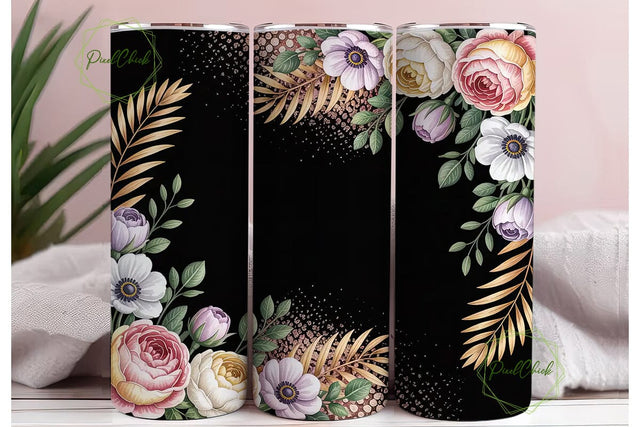 Black Glitter Floral Tumbler Wrap Sublimation PixelChick 