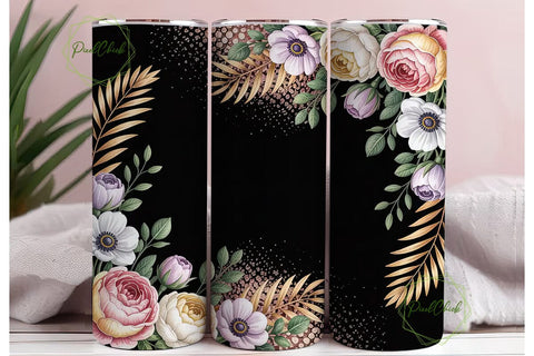 Black Glitter Floral Tumbler Wrap Sublimation PixelChick 