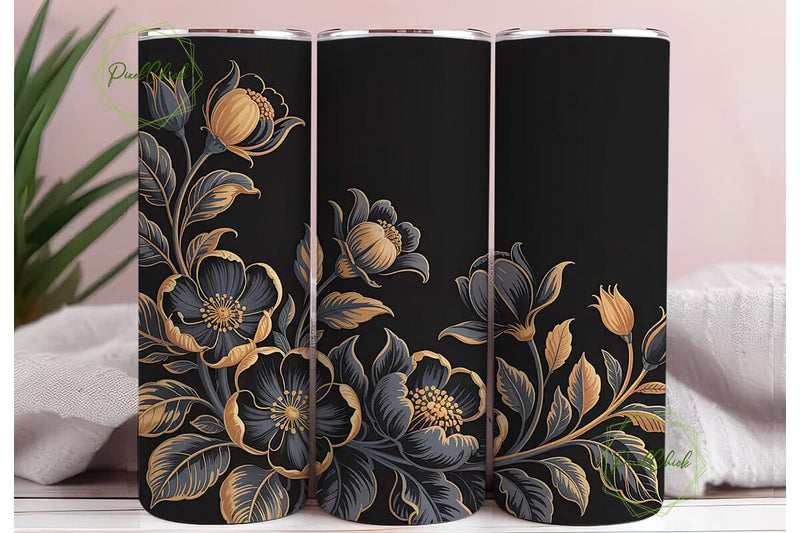 Black Gold Floral 20oz Tumbler Wrap Sublimation PixelChick 