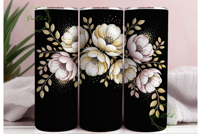 Black & Gold Floral 20oz Tumbler Wrap Sublimation PixelChick 