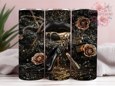 Black Gold Glam Luxury Lips 20oz Tumbler, Dripping Lips, High Heels, Perfume Bottle, Luxury Fashion, Skinny Tumbler, Sublimation PNG Sublimation Li Zamperini 