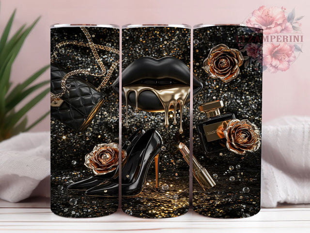 Black Gold Glam Luxury Lips 20oz Tumbler, Dripping Lips, High Heels, Perfume Bottle, Luxury Fashion, Skinny Tumbler, Sublimation PNG Sublimation Li Zamperini 