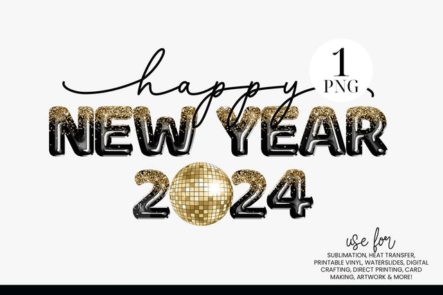 Black & Gold Happy New Year 2024 Sublimation Design Sublimation BijouBay 