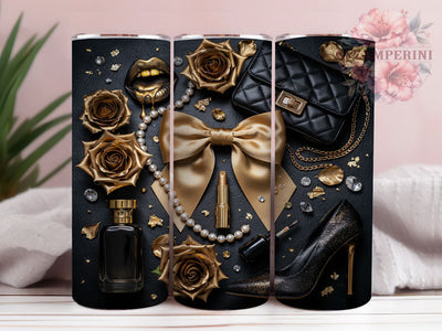 Black Gold Luxury Fashion 20oz Tumbler, Black Accent, Gold Detail, Luxury Style, Fashion Motif, Sublimation Wrap, 20oz Tumbler, Elegant Charm Sublimation Li Zamperini 