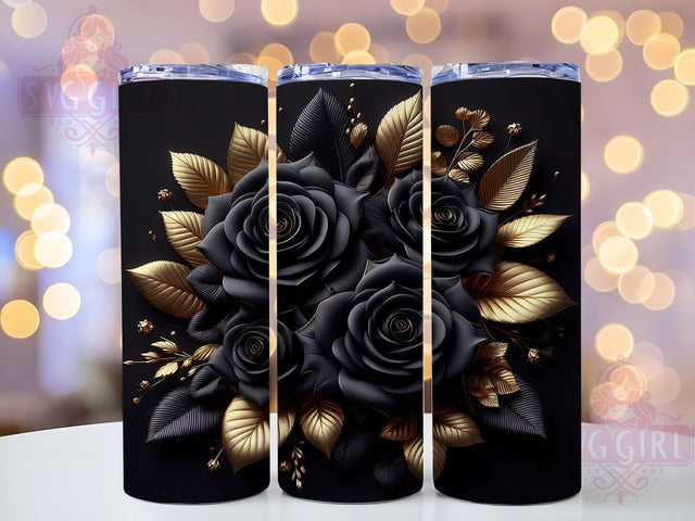 Black Gold Luxury Rose Tumbler, 3D Rose Pattern, Luxury Floral Design, 20Oz Sublimation Wrap, Elegant Rose Art, Gold Metallic Texture, Tumbler Sublimation Sublimation SvggirlplusArt 