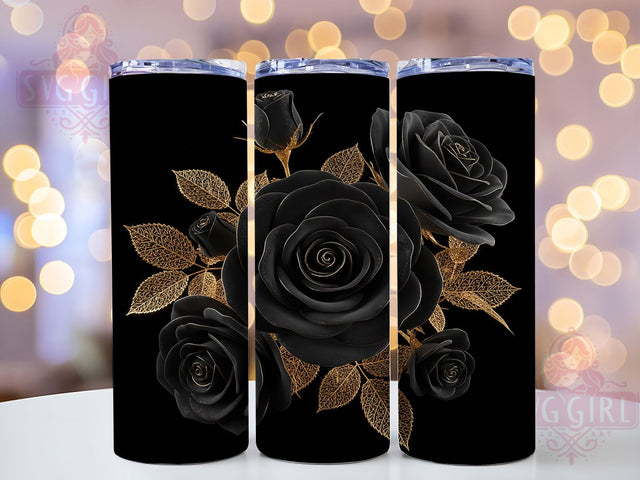 Black Gold Luxury Rose Tumbler, 3D Rose Pattern, Luxury Floral Design, 20Oz Sublimation Wrap, Elegant Rose Art, Gold Metallic Texture, Tumbler Sublimation Sublimation SvggirlplusArt 