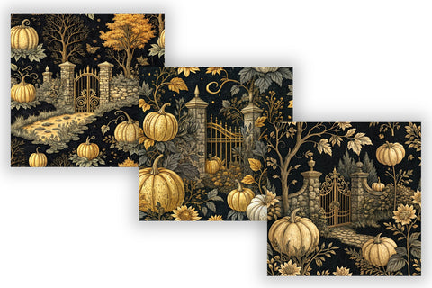 Black Gold Pumpkin Patch Toile Paper, Seamless Watercolor Pattern Bundle, Printable Scrapbook Paper, Dark Autumn Design Collection Digital Pattern FloridPrintables 
