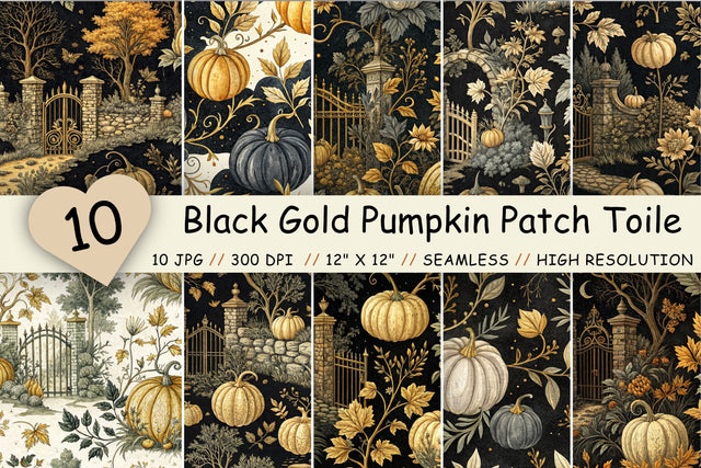 Black Gold Pumpkin Patch Toile Paper, Seamless Watercolor Pattern Bundle, Printable Scrapbook Paper, Dark Autumn Design Collection Digital Pattern FloridPrintables 