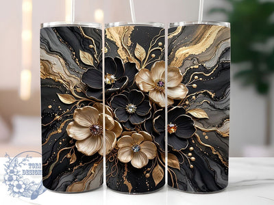 Black Gold Sculptural Flowers 20oz Tumbler, Black Accent, Gold Highlight, Sculptural Floral, Artistic Design, Sublimation Wrap, 20oz Tumbler, Luxe Charm Sublimation ToriDesigns 