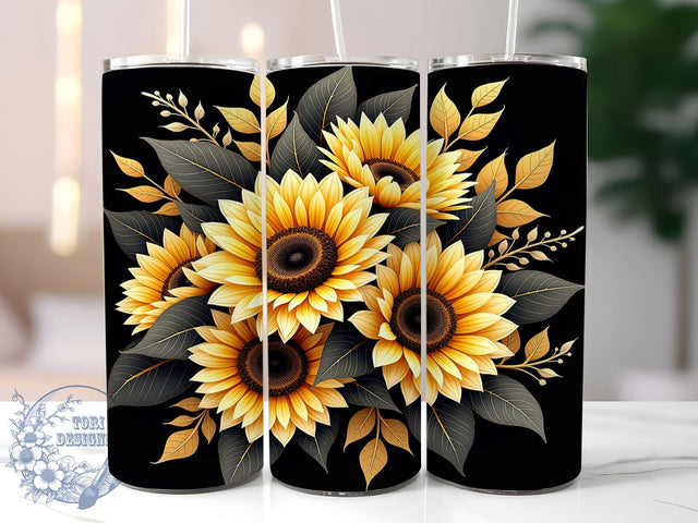 Black & Gold Sunflower Tumbler, Black and Gold, Daisy Sunflower, 20oz Tumbler Wrap, Floral Tumbler, Elegant Gift, Sunflower Decor, Tumbler Design Sublimation ToriDesigns 