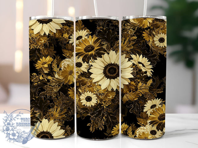 Black & Gold Sunflower Tumbler, Black and Gold, Daisy Sunflower, 20oz Tumbler Wrap, Floral Tumbler, Elegant Gift, Sunflower Decor, Tumbler Design Sublimation ToriDesigns 