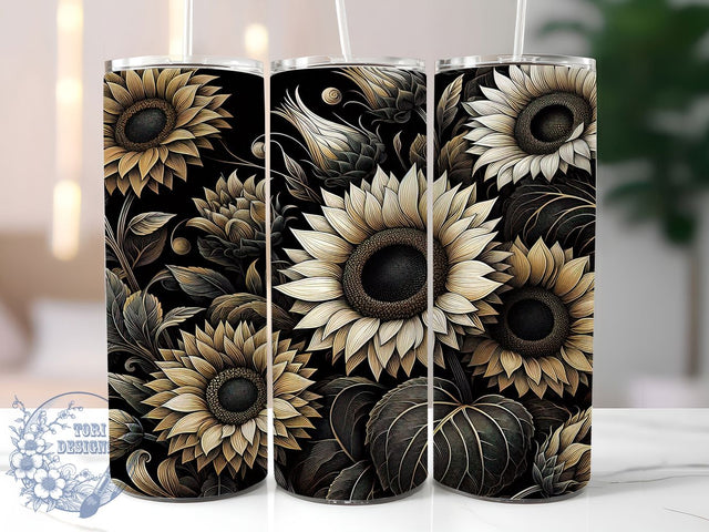 Black Gold Sunflowers 20oz Tumbler, Elegant Floral Tumbler, Nature Sublimation, Inspirational Wrap Design, Stylish PNG, 20oz Tumbler Wrap Sublimation ToriDesigns 