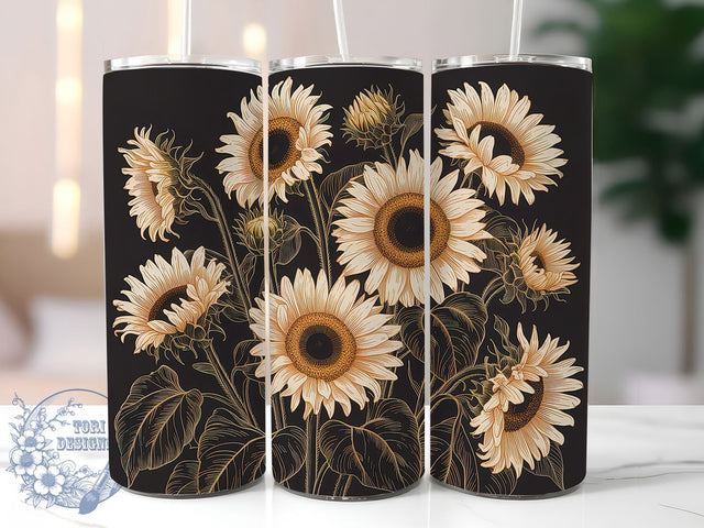 Black Gold Sunflowers 20oz Tumbler, Elegant Floral Tumbler, Nature Sublimation, Inspirational Wrap Design, Stylish PNG, 20oz Tumbler Wrap Sublimation ToriDesigns 