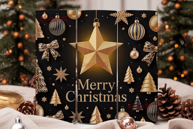Black & Gold Xmas Tumbler Wrap Sublimation DesignSVG 