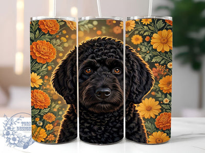 Black Goldendoodle Autumn Flowers 20oz Tumbler, Black Goldendoodle Motif, Autumn Flowers Design, Fall Theme, Cozy Charm, Seasonal Accent, Sublimation Wrap, 20oz Tumbler Sublimation ToriDesigns 