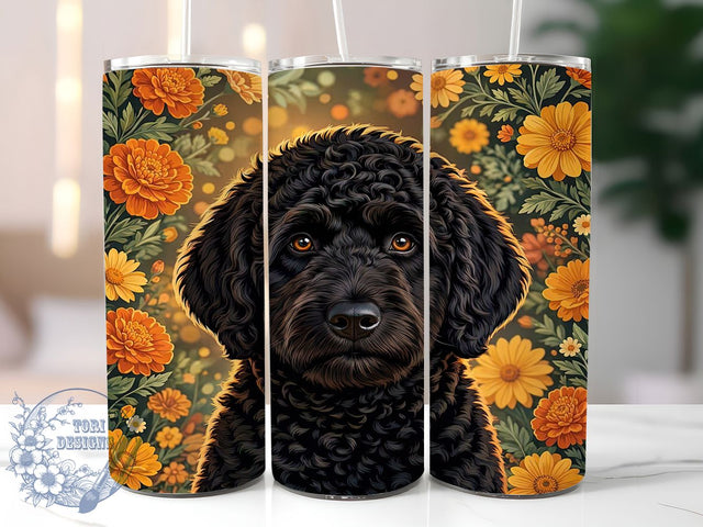 Black Goldendoodle Autumn Flowers 20oz Tumbler, Black Goldendoodle Motif, Autumn Flowers Design, Fall Theme, Cozy Charm, Seasonal Accent, Sublimation Wrap, 20oz Tumbler Sublimation ToriDesigns 