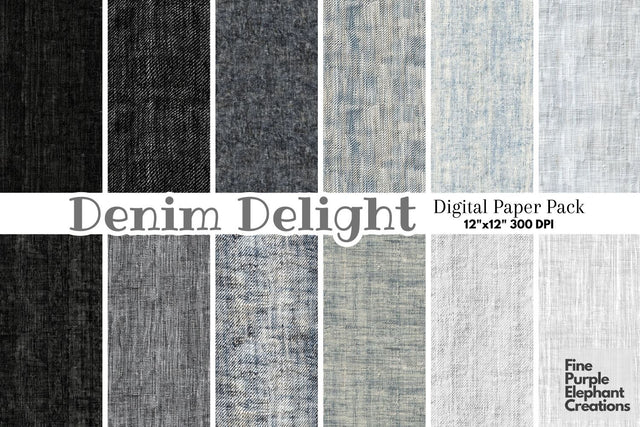Black Grey White Jean Denim Digital Paper - Textured Worn Distressed Cowboy Digital Pattern Fine Purple Elephant Creations 