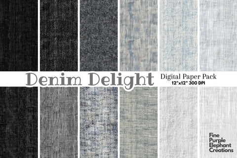 Black Grey White Jean Denim Digital Paper - Textured Worn Distressed Cowboy Digital Pattern Fine Purple Elephant Creations 