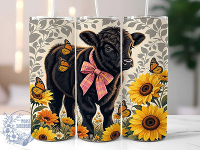 Black Highland Cow Sunflower Bow 20oz Tumbler, Black Highland Cow, Sunflower Motif, Bow Accent, Sublimation Wrap, 20oz Tumbler, Rustic Aesthetic, Country Charm Sublimation ToriDesigns 