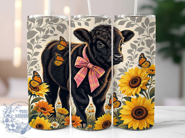 Black Highland Cow Sunflower Bow 20oz Tumbler, Black Highland Cow, Sunflower Motif, Bow Accent, Sublimation Wrap, 20oz Tumbler, Rustic Aesthetic, Country Charm Sublimation ToriDesigns 