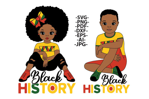Black History Month Kids Clipart Bundle SVG PNG JPG PDF AI DXF EPS | African American Boy and Girl Sitting Designs for Cricut Sublimation Crafts SVG 1uniqueminute 