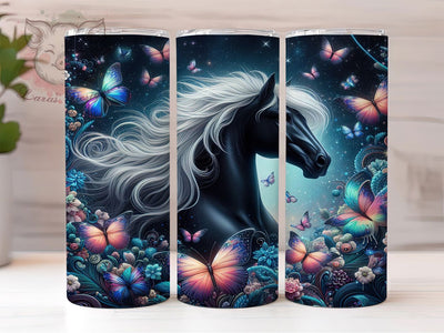 Black Horse Butterfly 20oz Tumbler Wrap, Butterfly Fantasy, Mystical Equine Cup, Enchanted Horse Wrap, Majestic Stallion Design, Whimsical Animal Art, Sublimation Tumbler Wrap Sublimation Lara' s Designs 
