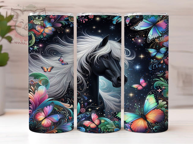 Black Horse Butterfly 20oz Tumbler Wrap, Butterfly Fantasy, Mystical Equine Cup, Enchanted Horse Wrap, Majestic Stallion Design, Whimsical Animal Art, Sublimation Tumbler Wrap Sublimation Lara' s Designs 