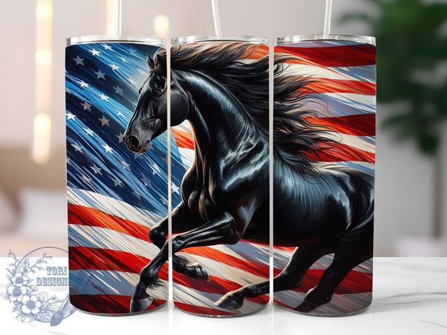 Black Horse Flag 20oz Tumbler, Patriotic USA Wrap, American Flag Horse, USA Animal Design, Sublimation Wrap, 20oz Tumbler Design, PNG Tumbler Wrap Sublimation ToriDesigns 