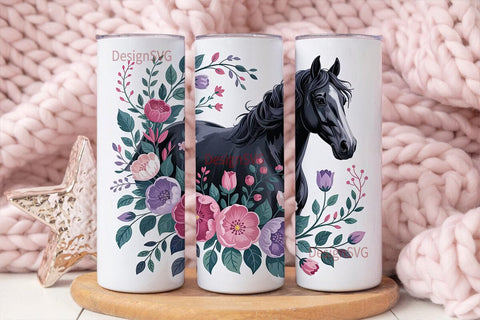 Black Horse Floral 20oz Tumbler Wrap Sublimation DesignSVG 