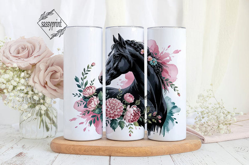 Black Horse with Flowers 20oz Tumbler Sublimation sassyprint 