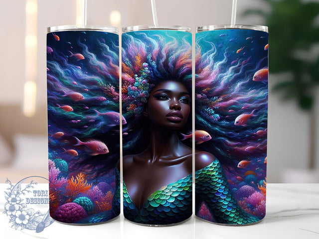 Black Mermaid Fantasy Tumbler Wrap, Underwater Fantasy Wrap, 20oz Tumbler Sublimation, Ethereal Ocean Beauty Design, Deep Sea Goddess Sublimation, Aquatic Afro Diva Tumbler, Mystical Marine Wrap Sublimation ToriDesigns 