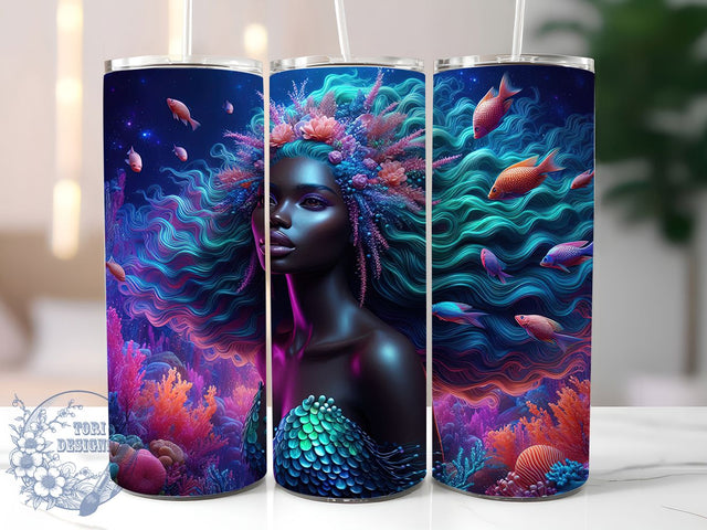Black Mermaid Fantasy Tumbler Wrap, Underwater Fantasy Wrap, 20oz Tumbler Sublimation, Ethereal Ocean Beauty Design, Deep Sea Goddess Sublimation, Aquatic Afro Diva Tumbler, Mystical Marine Wrap Sublimation ToriDesigns 