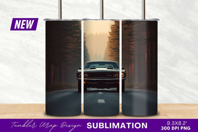 Black muscle car on forest road tumbler png Sublimation Regulrcrative 