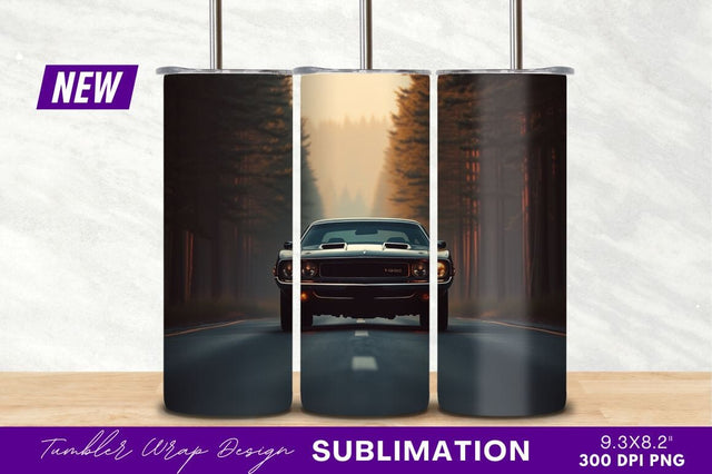 Black muscle car on forest road tumbler png Sublimation Regulrcrative 