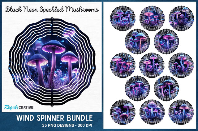 Black Neon Purple Speckled Mushrooms Wind Spinner Sublimation Regulrcrative 