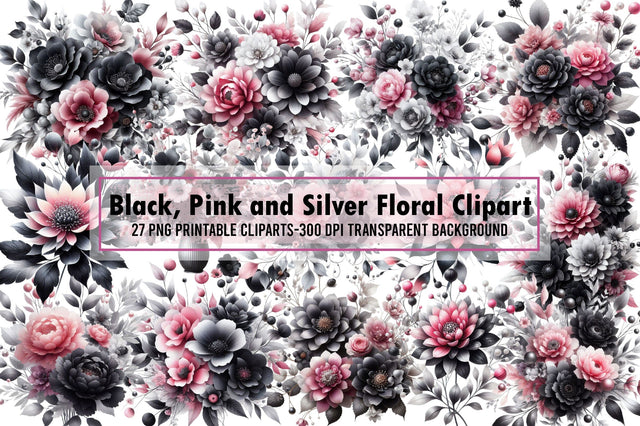 Black, Pink and Silver Floral Clipart-01 Sublimation designartist 