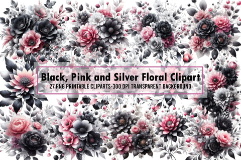 Black, Pink and Silver Floral Clipart-01 Sublimation designartist 